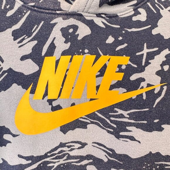 Nike Club‎ Boys 6-7 Camo Fleece Pullover Hoodie Blue Yellow Logo Kanga Pocket - Picture 3 of 11